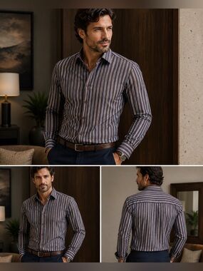 Bugatchi Uomo Shaped Fit Men’s L Brown Blue Striped 100% Cotton Dress Shirt